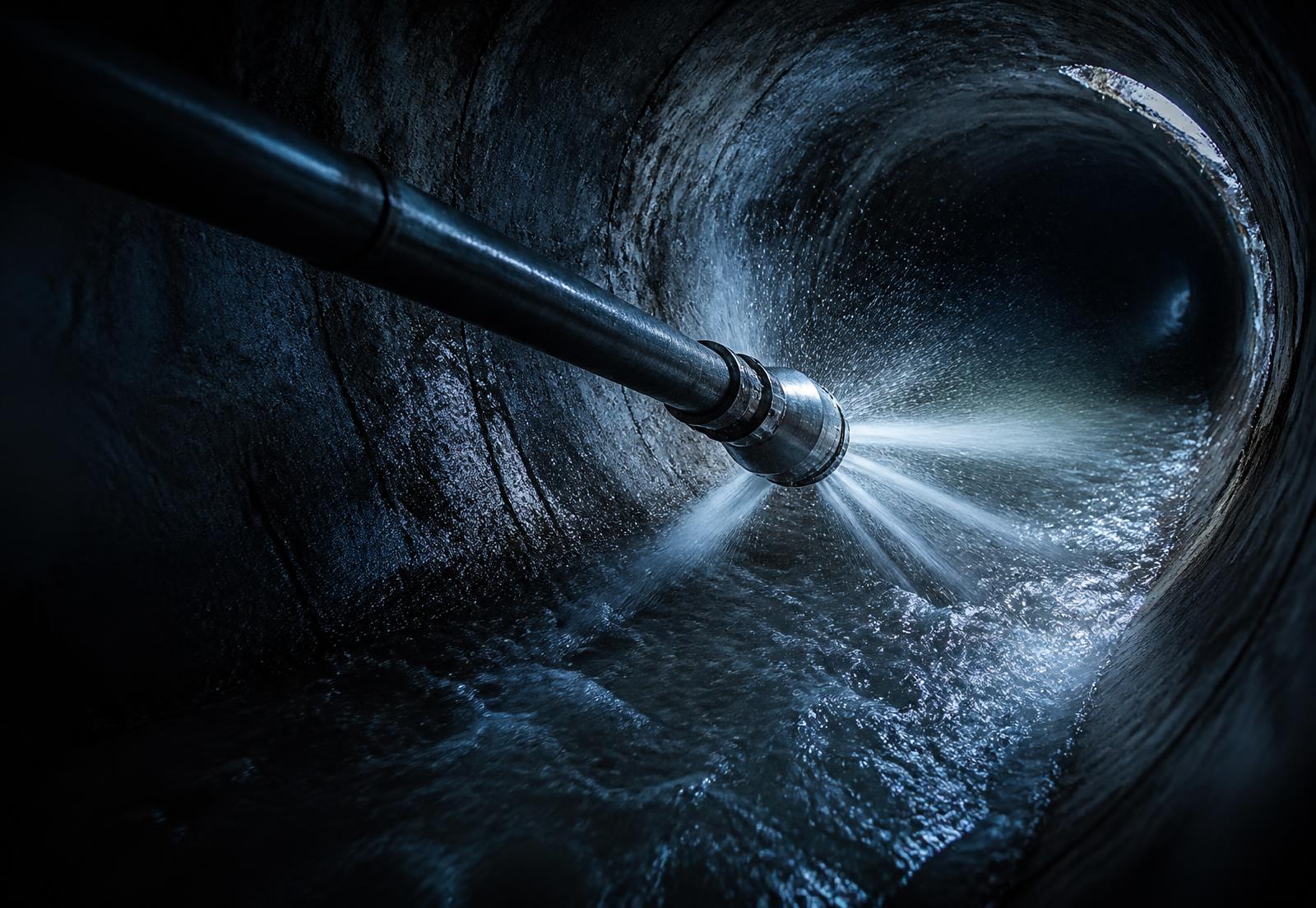 High-pressure hydro jetting nozzle clearing a sewer line